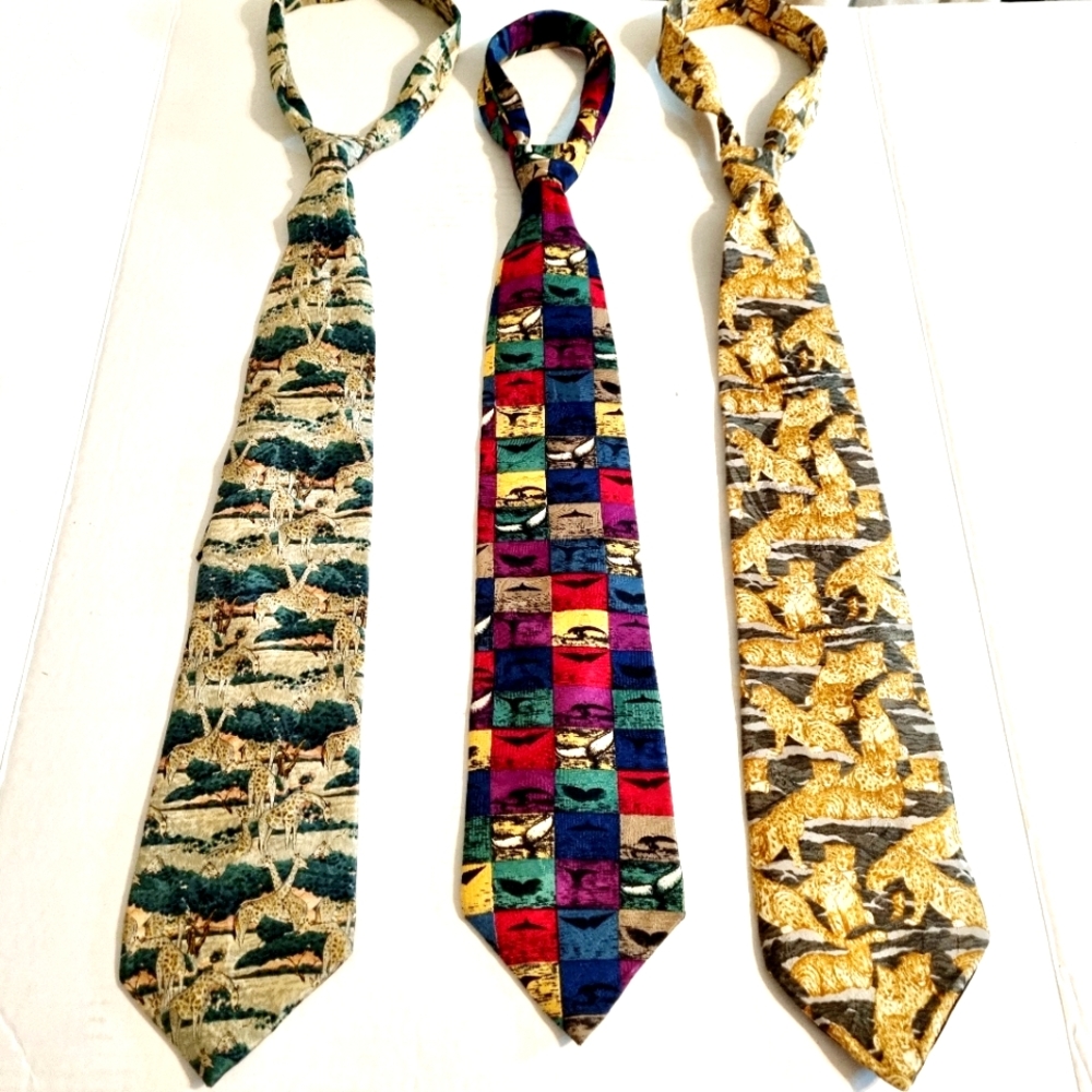 VINTAGE 3 Pc Wembley Endangered Species 100% Silk Neck Ties Giraffes Birds Lions